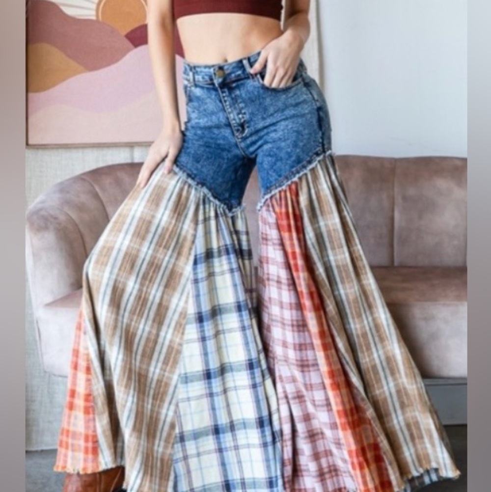 Festival Patchwork Denim Wide Leg Pants Small Boho Plaid S